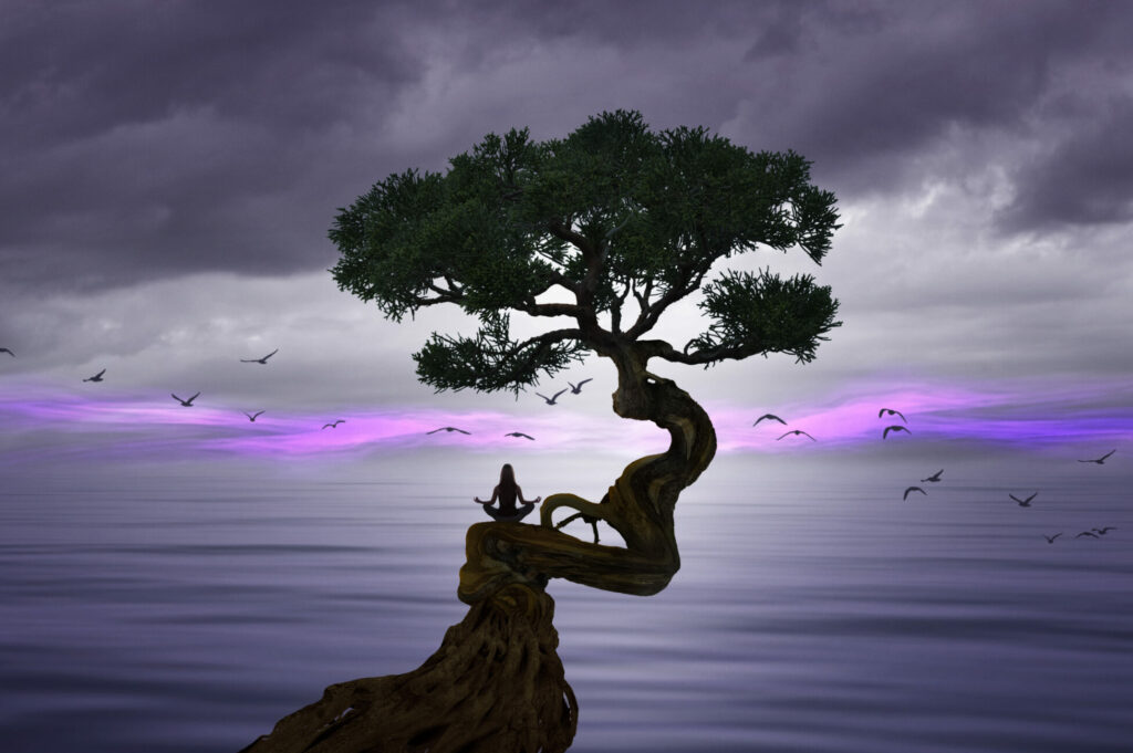 Fantasy scene of a woman meditating on a long tree trunk, looking out over a purple sky as birds fly past