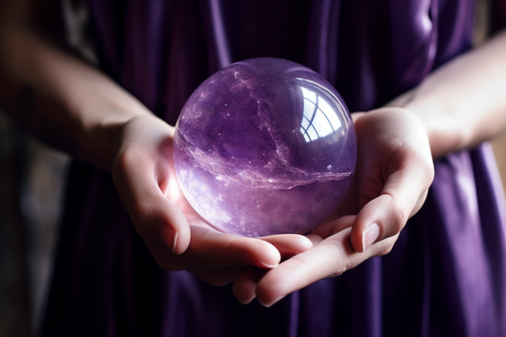 Hands holding a smooth sphere made of amethyst, one of the best crystals for anxiety