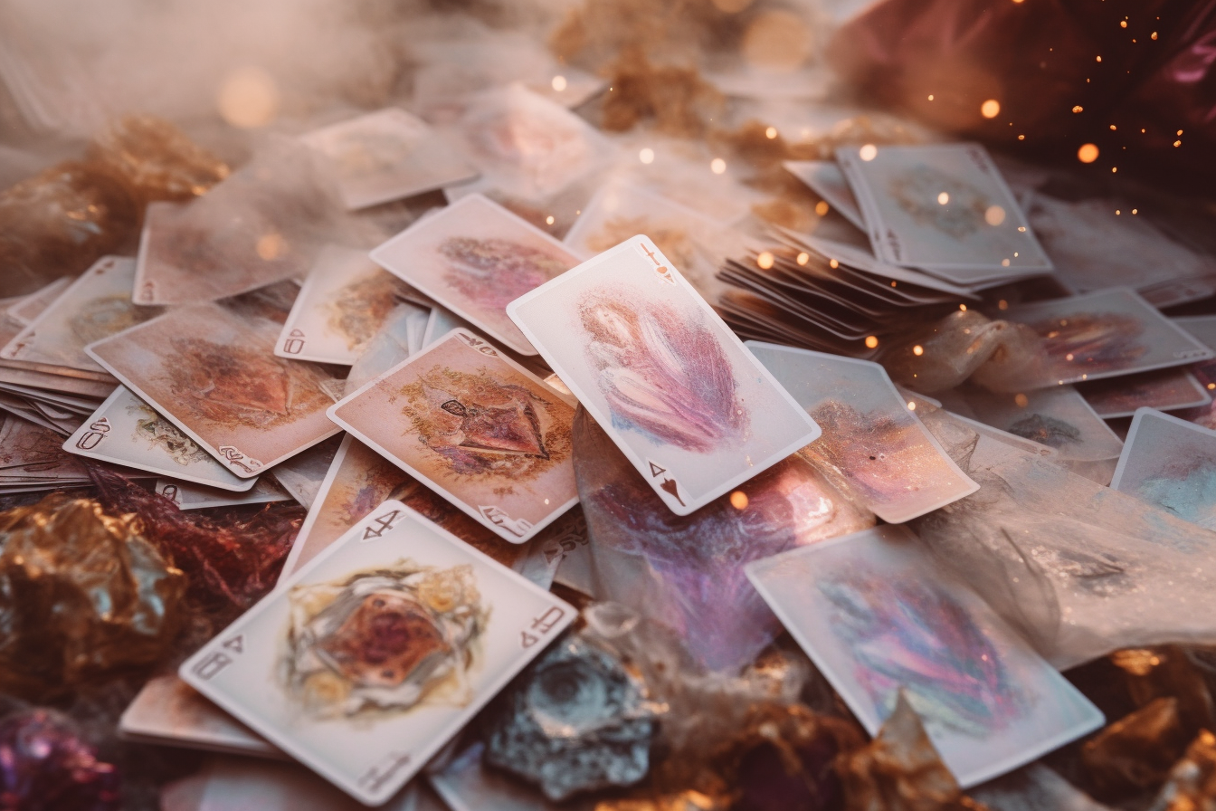 A scattered pile of shuffled tarot cards with soft pastel designs