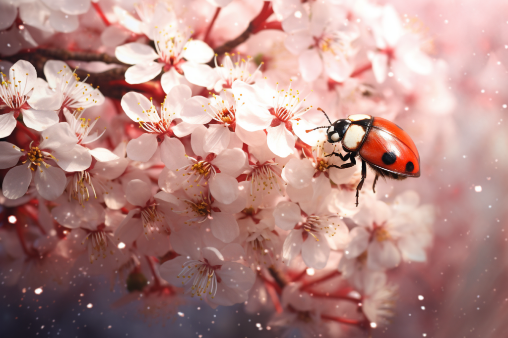 Ladybug resting on almond blossom flowers. Are ladybugs good luck?